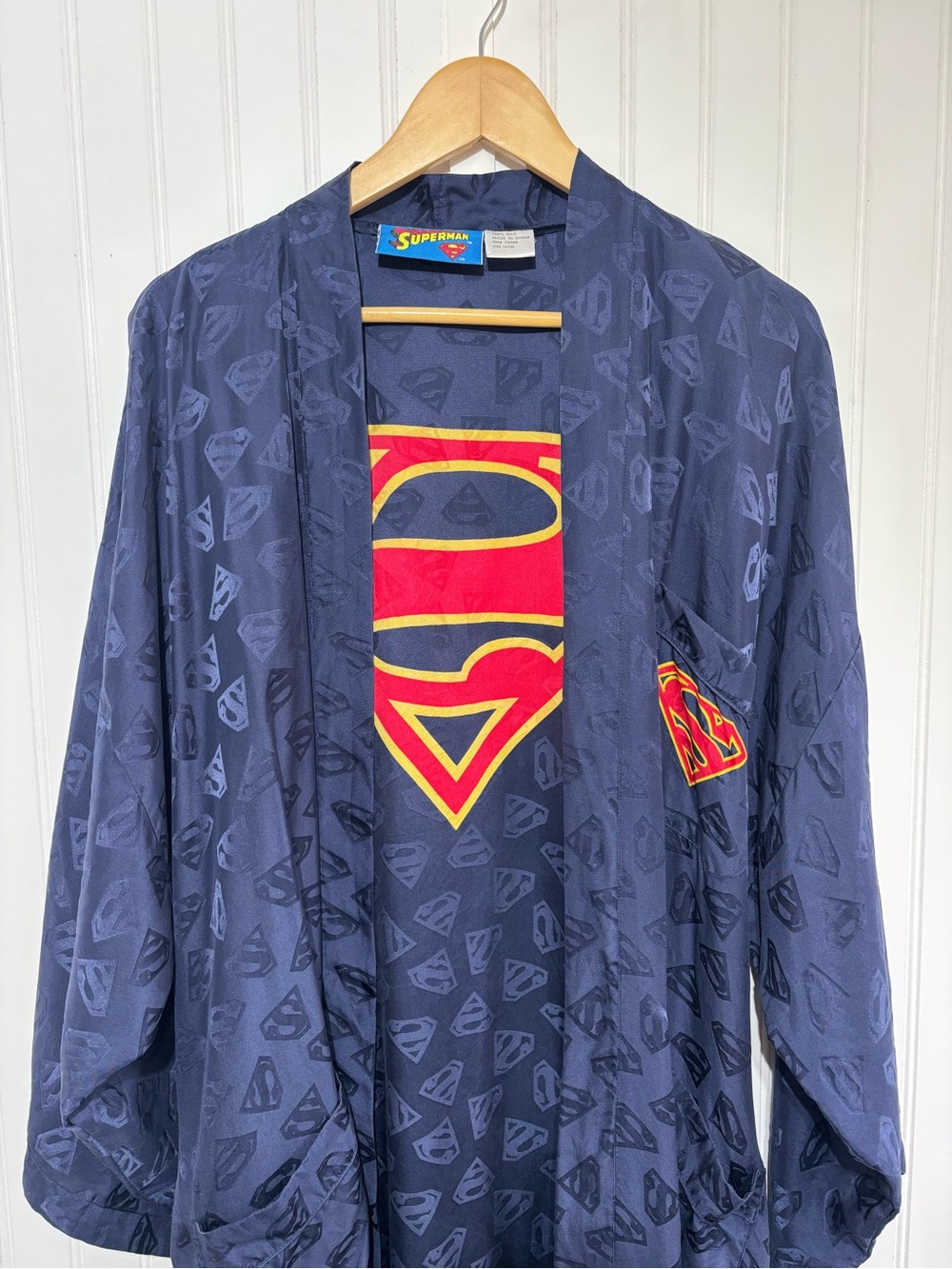 Vintage 1997 Superman 100% Silk Robe Kimono Lounge Wrap DC Comics Blue W/belt - Picture 5 of 15